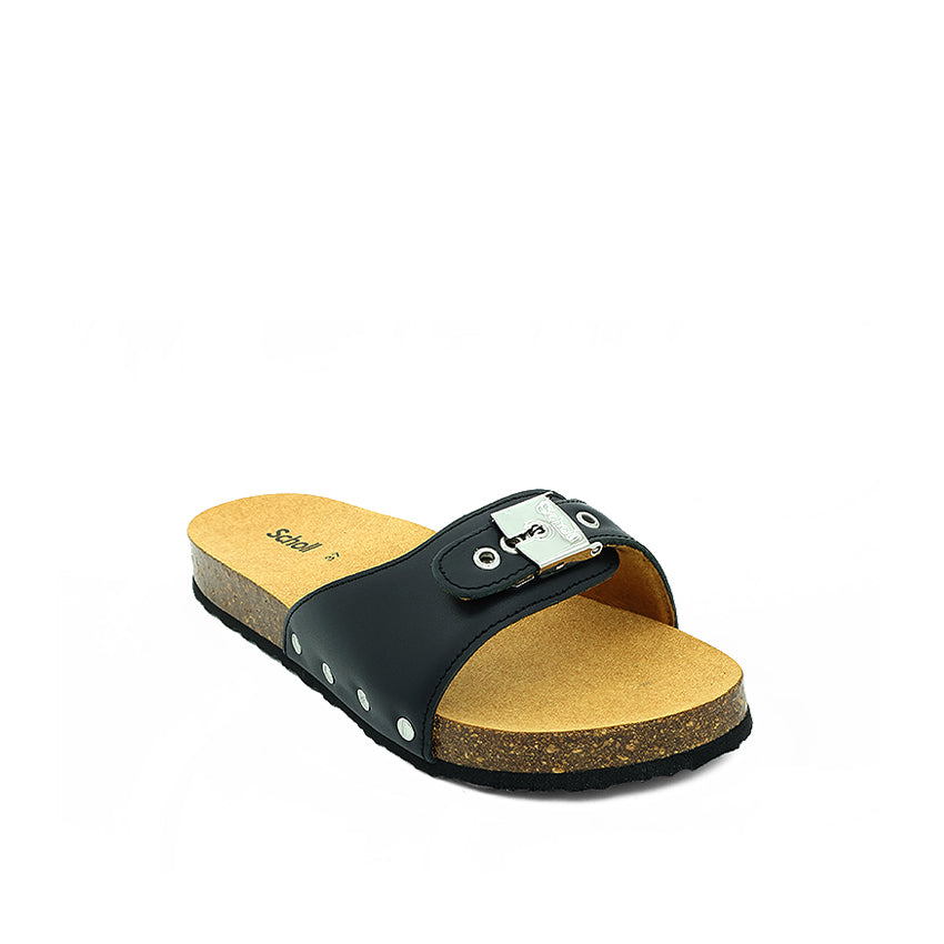 Pescura Flat Cork Leather Women's Casual Sandals - Black