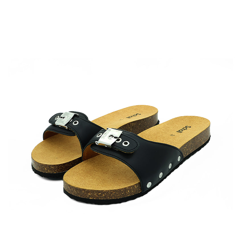 Pescura Flat Cork Leather Women's Casual Sandals - Black